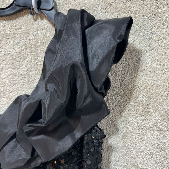 Mignon Maxi Gown Dress Women's 6 Black One Puff Shoulder Sequined Sheath Stretch - Picture 7 of 14